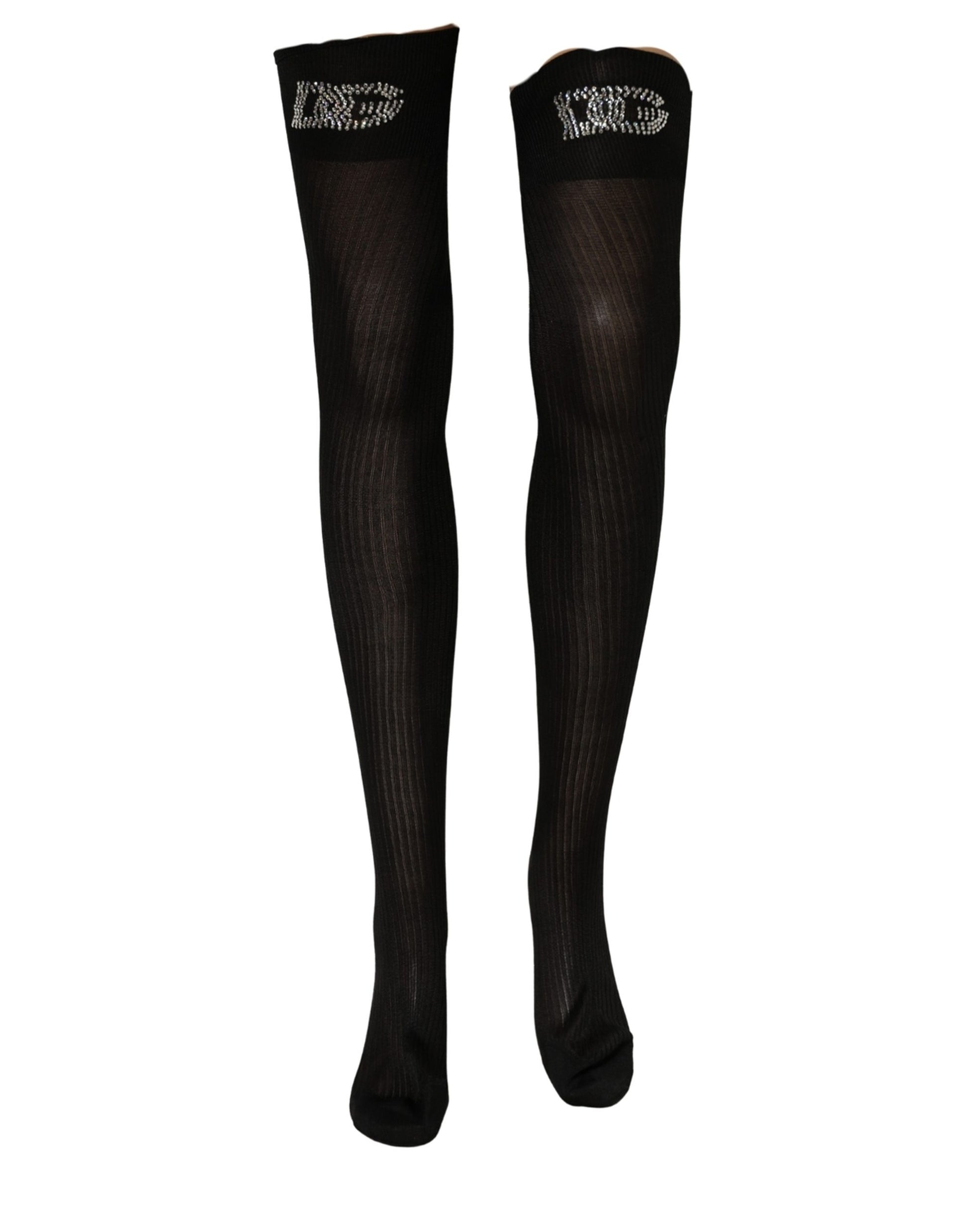 Dolce & Gabbana Black DG Logo Rhinestones Stretch Thigh High Socks Dolce & Gabbana