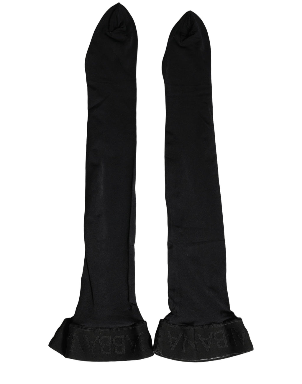 Black Dolce & Gabbana nylon thigh-high stockings laid flat, showcasing smooth texture and classic design.
