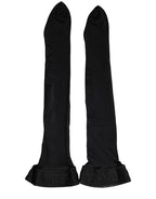 Black Dolce & Gabbana nylon thigh-high stockings laid flat, showcasing smooth texture and classic design.
