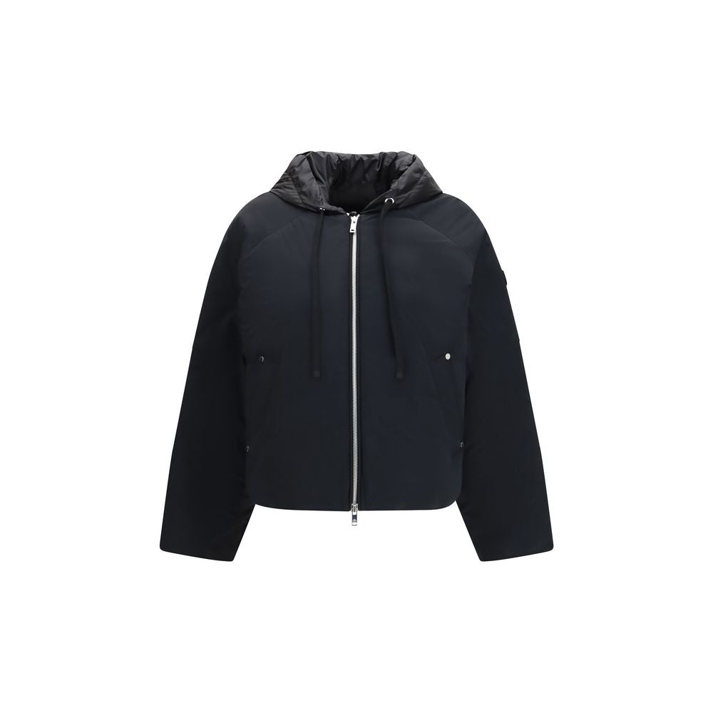 Moose Knuckles black nylon bomber jacket with a fitted collar and zip closure, displayed on a hanger.