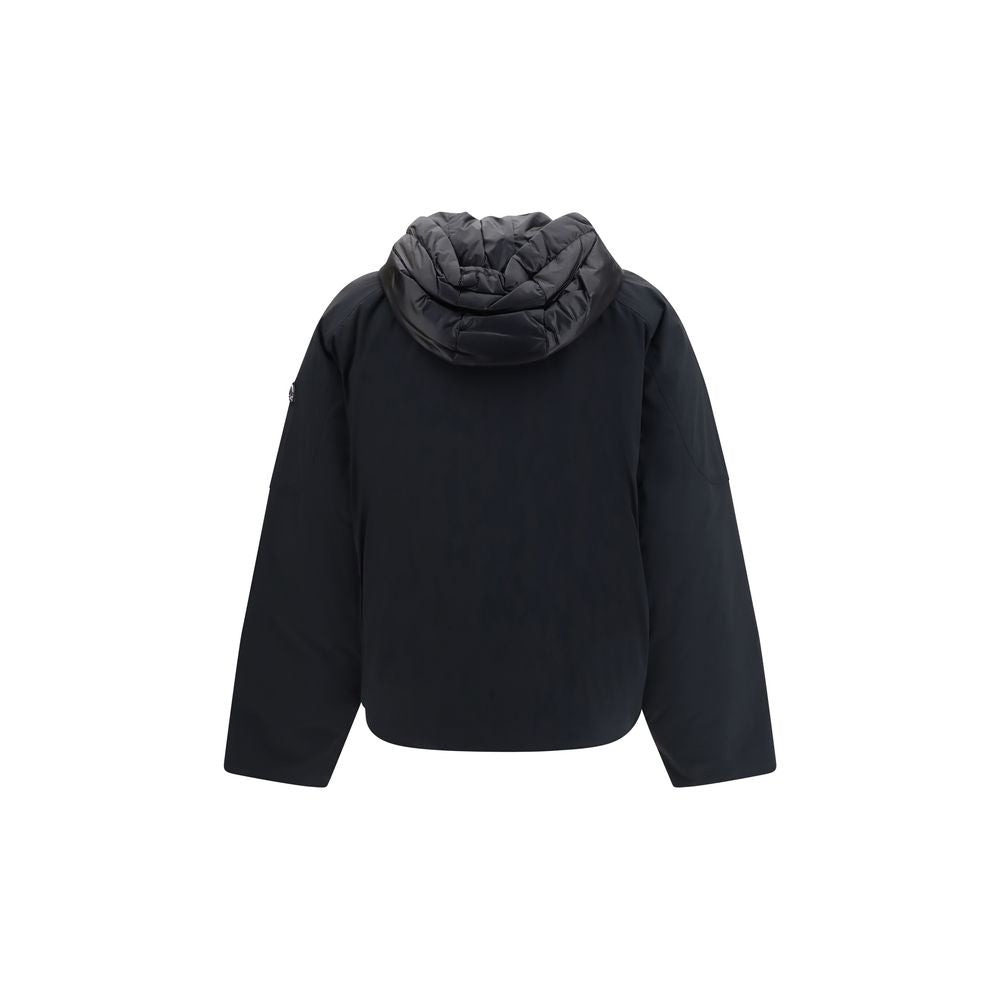 Moose Knuckles black nylon bomber jacket with a zip front, ribbed cuffs and collar, and logo patch on the sleeve.
