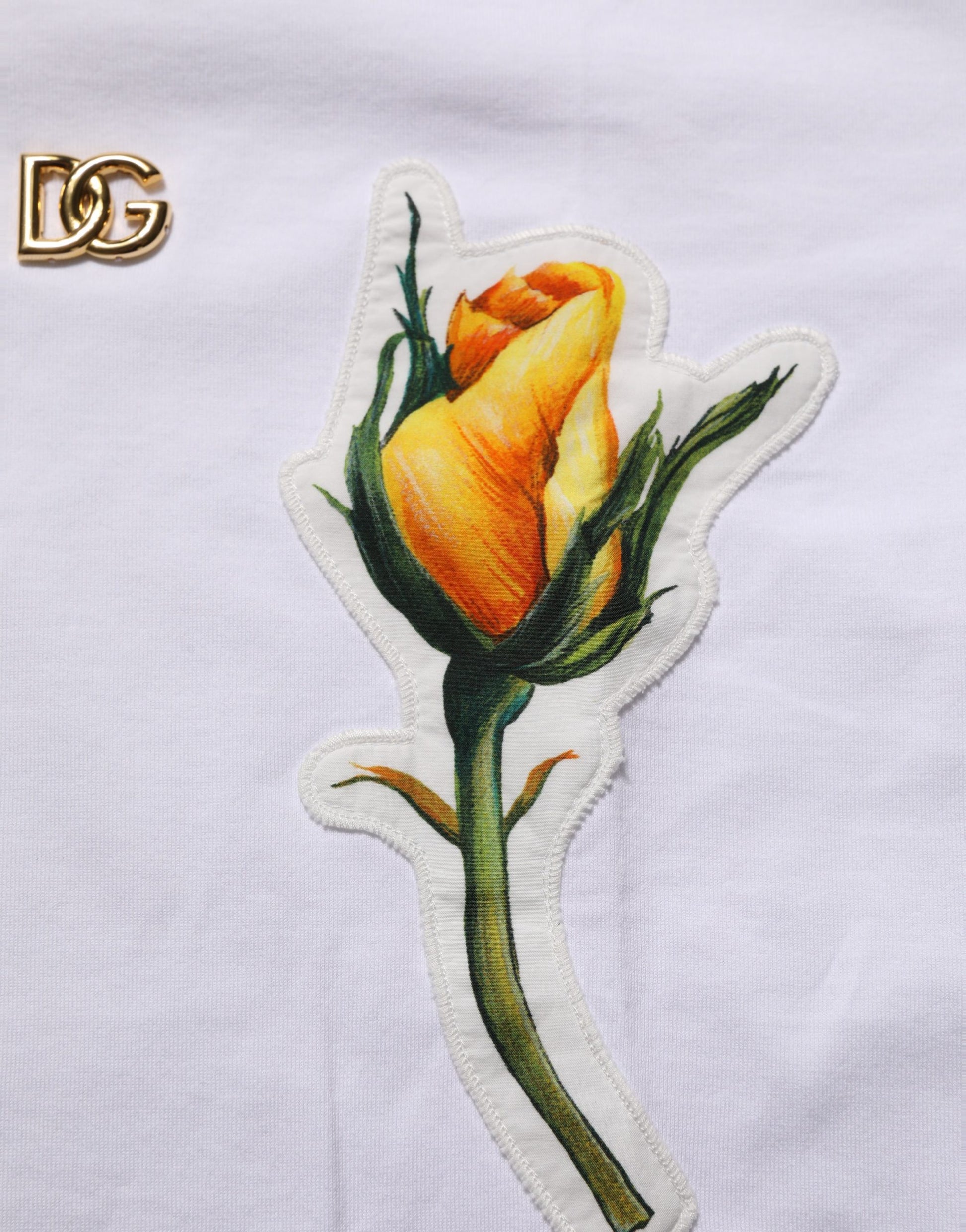 Dolce & Gabbana White Cotton Rose Patch Crew Neck T-shirt Dolce & Gabbana