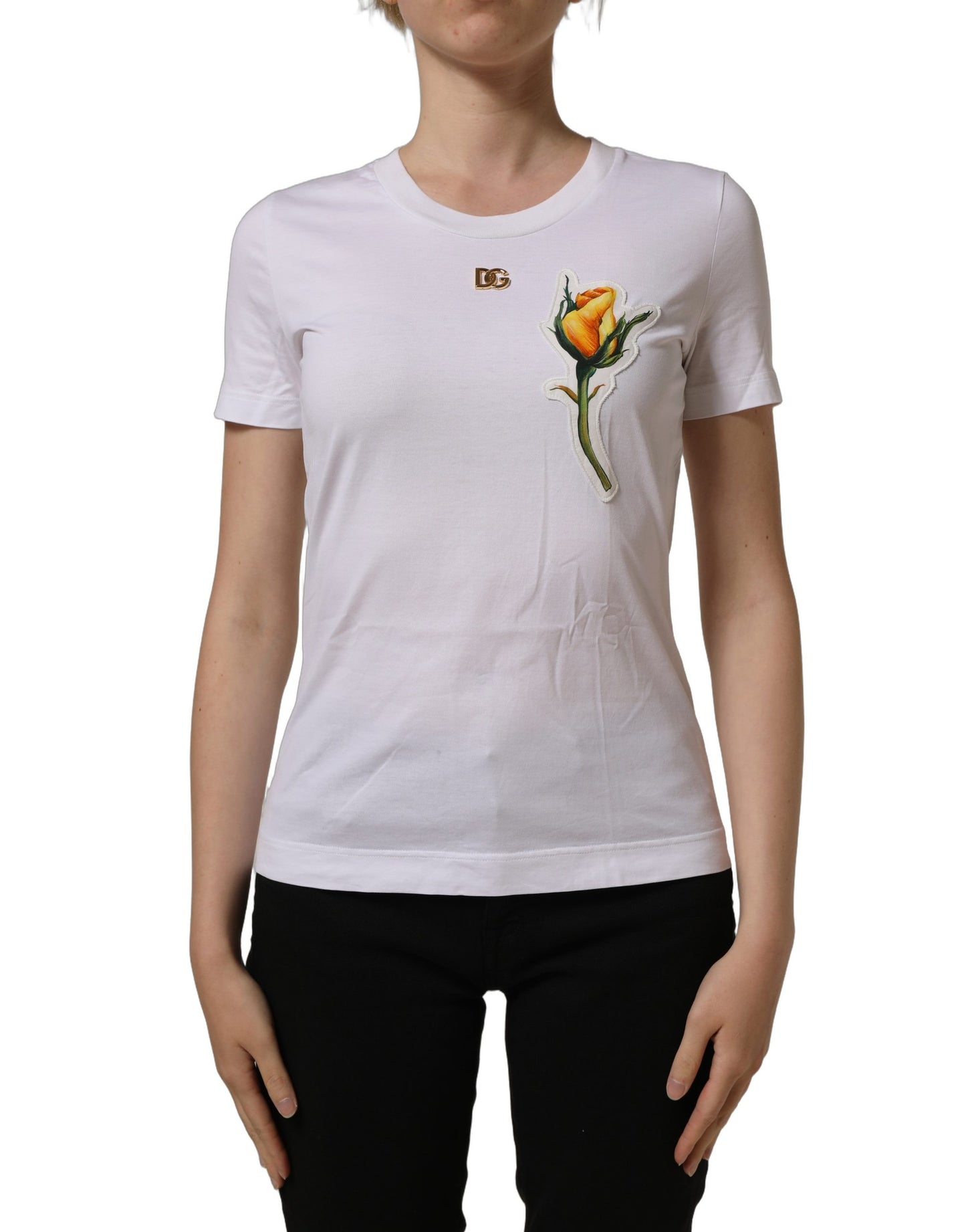 Dolce & Gabbana White Cotton Rose Patch Crew Neck T-shirt Dolce & Gabbana