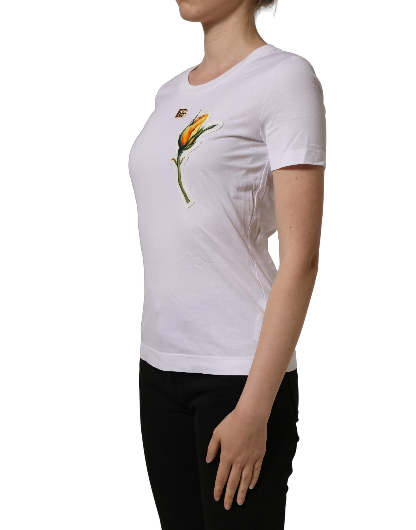 Dolce & Gabbana White Cotton Rose Patch Crew Neck T-shirt Dolce & Gabbana