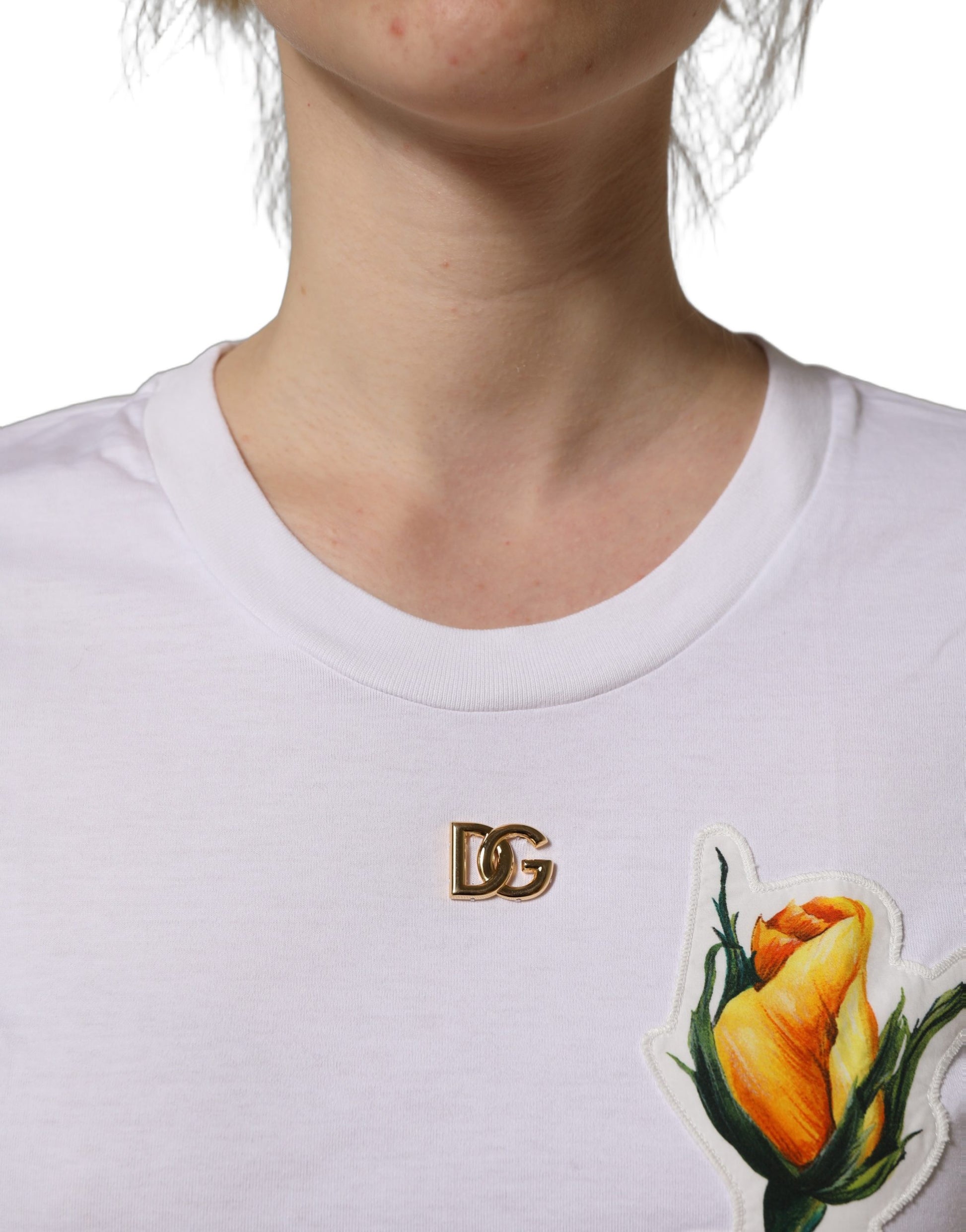 Dolce & Gabbana White Cotton Rose Patch Crew Neck T-shirt Dolce & Gabbana