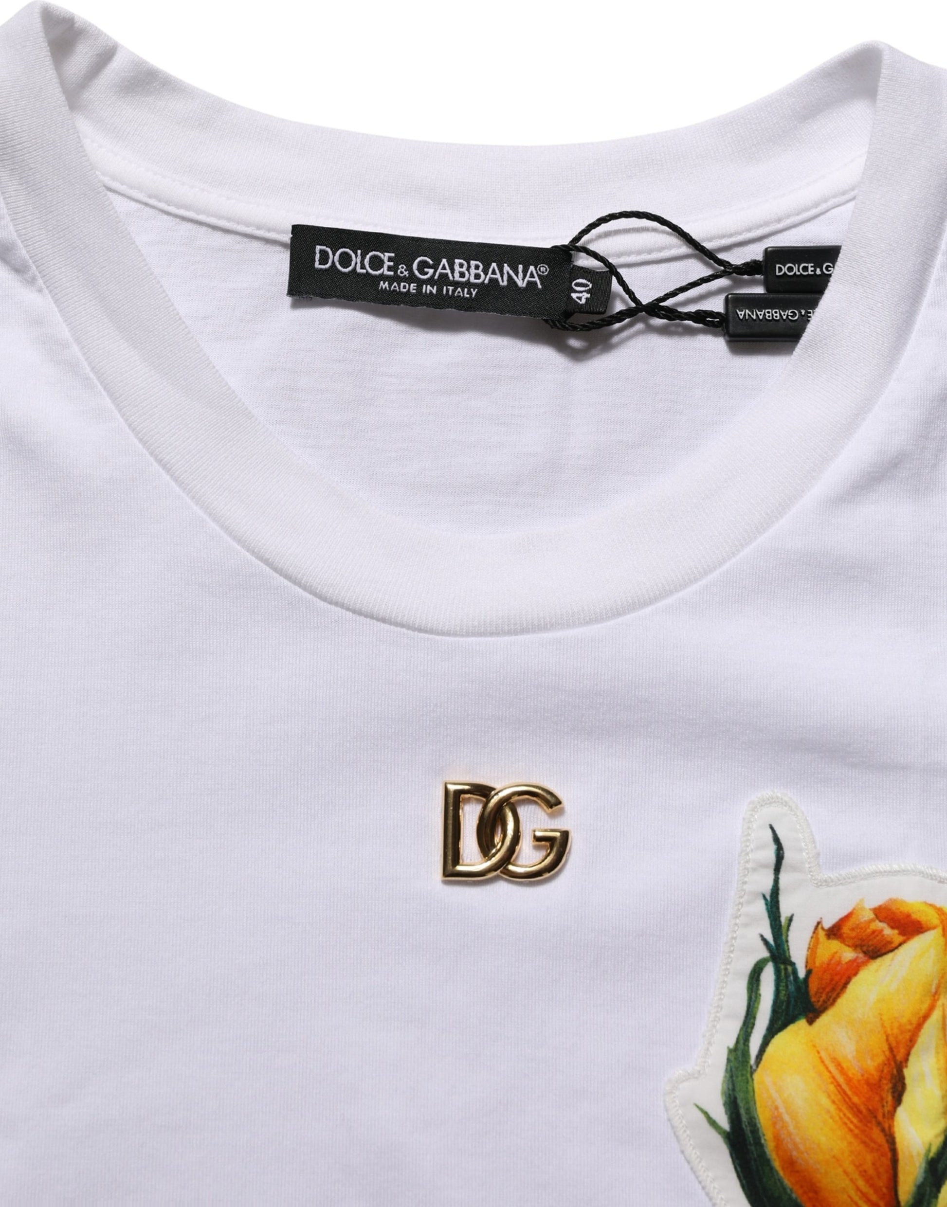 Dolce & Gabbana White Cotton Rose Patch Crew Neck T-shirt Dolce & Gabbana