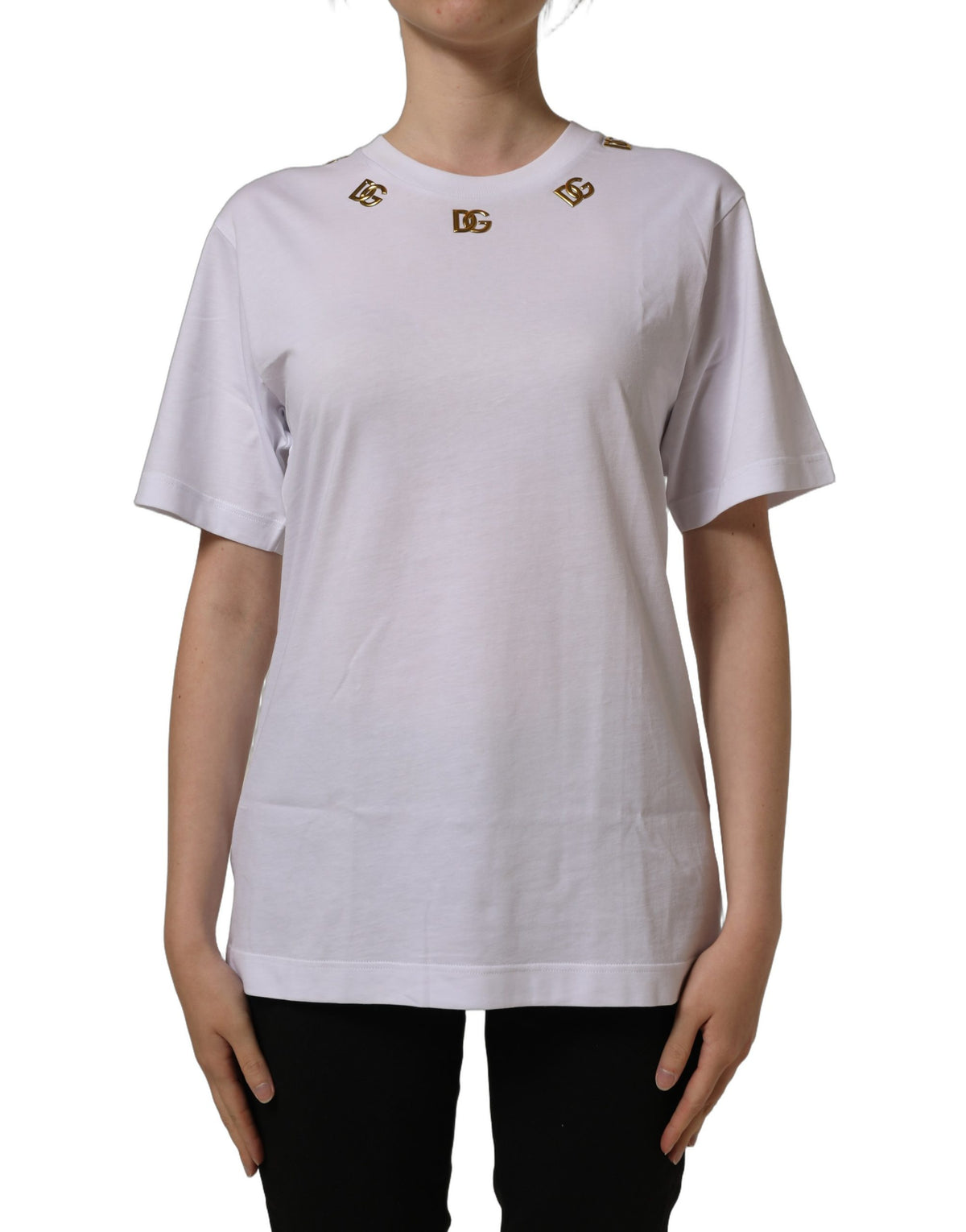 White cotton Dolce & Gabbana crew neck T-shirt with gold DG logo print on the chest.
