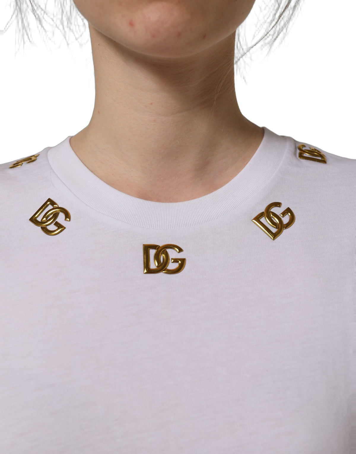White cotton Dolce & Gabbana crew neck T-shirt with gold DG logo, casual and stylish men's fashion top.