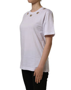 Dolce & Gabbana white cotton crew neck T-shirt with gold DG logo detail, casual and stylish men's fashion.