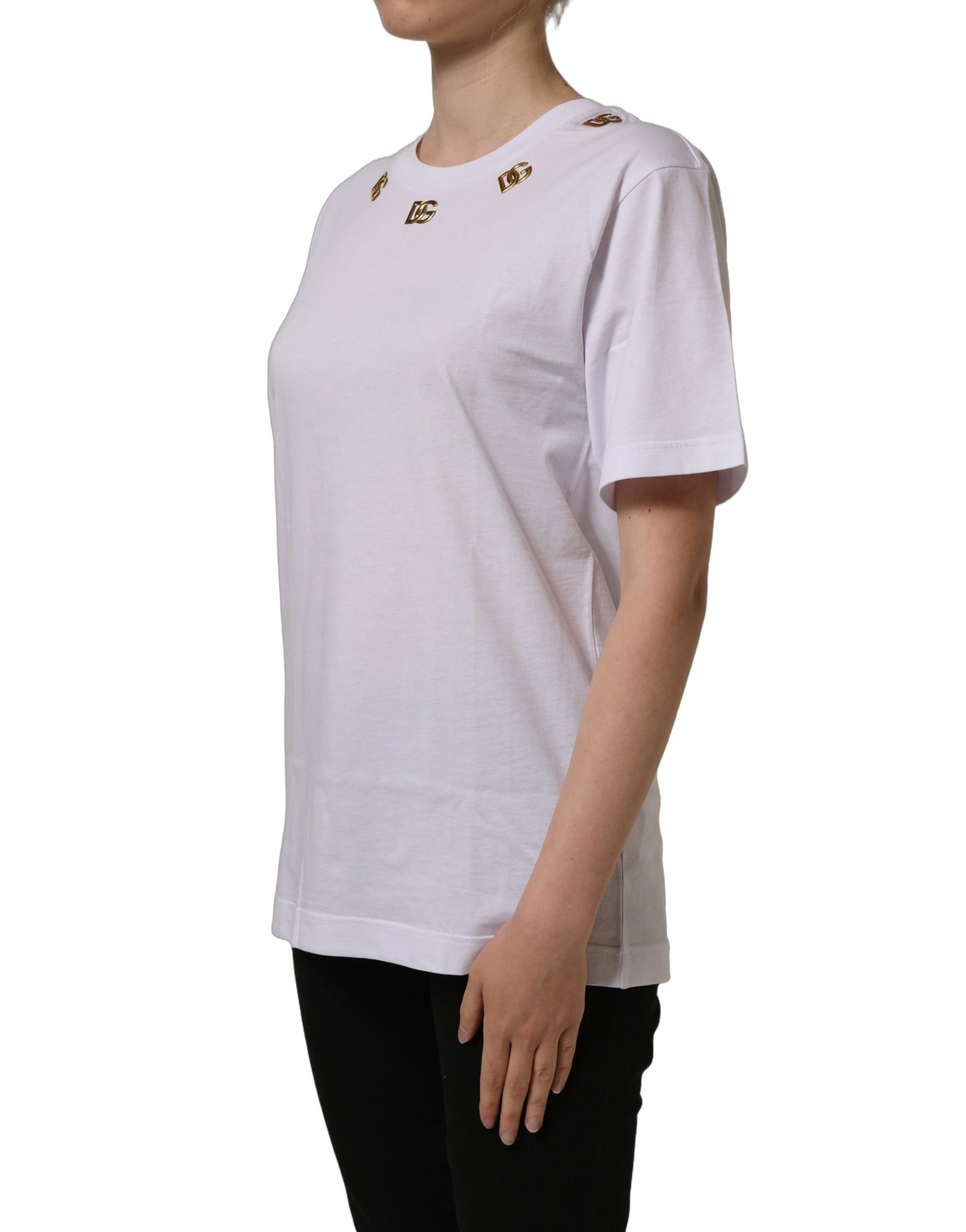 Dolce & Gabbana White Cotton Gold DG Logo Crew Neck T-shirt Dolce & Gabbana