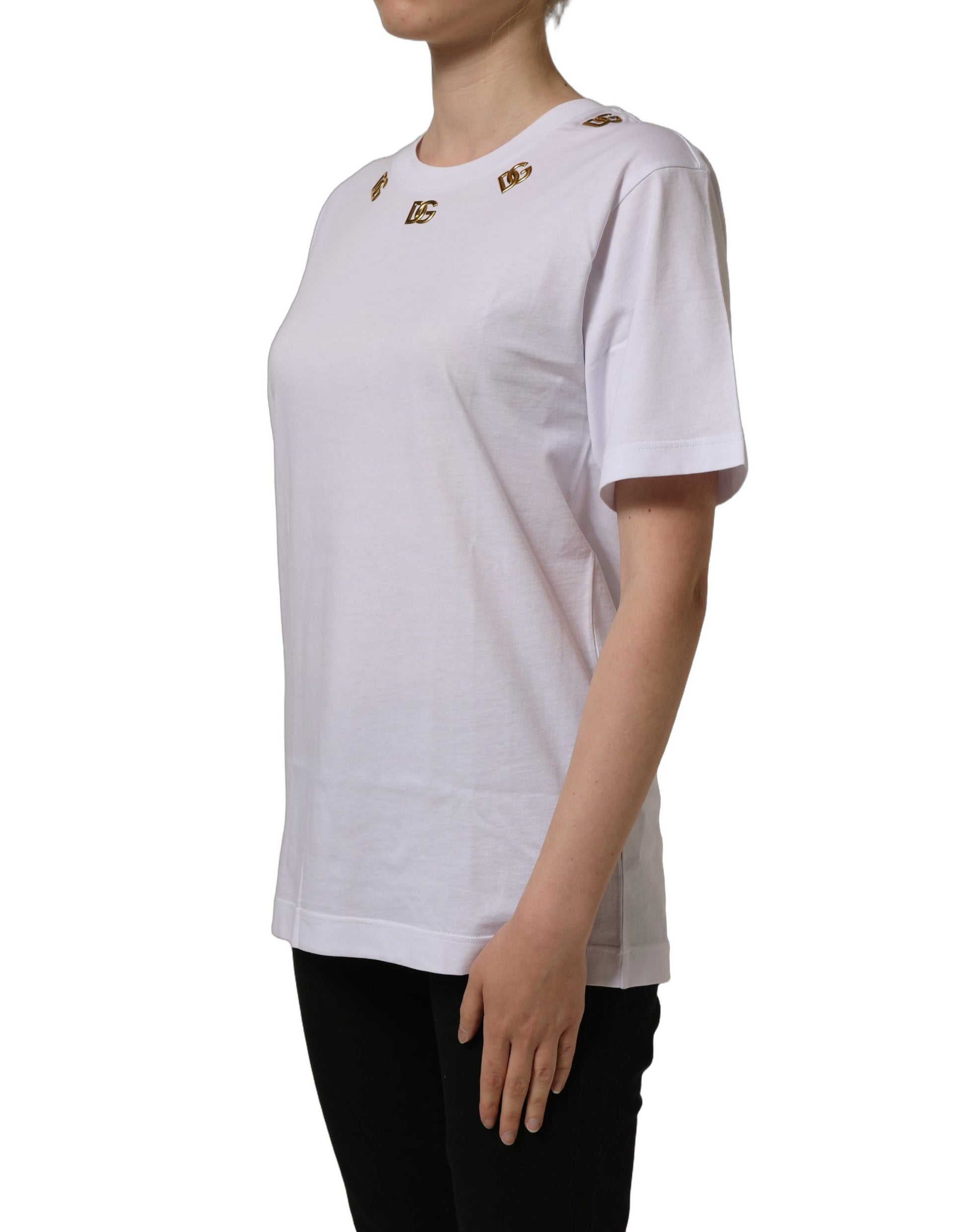 Dolce & Gabbana White Cotton Gold DG Logo Crew Neck T-shirt Dolce & Gabbana