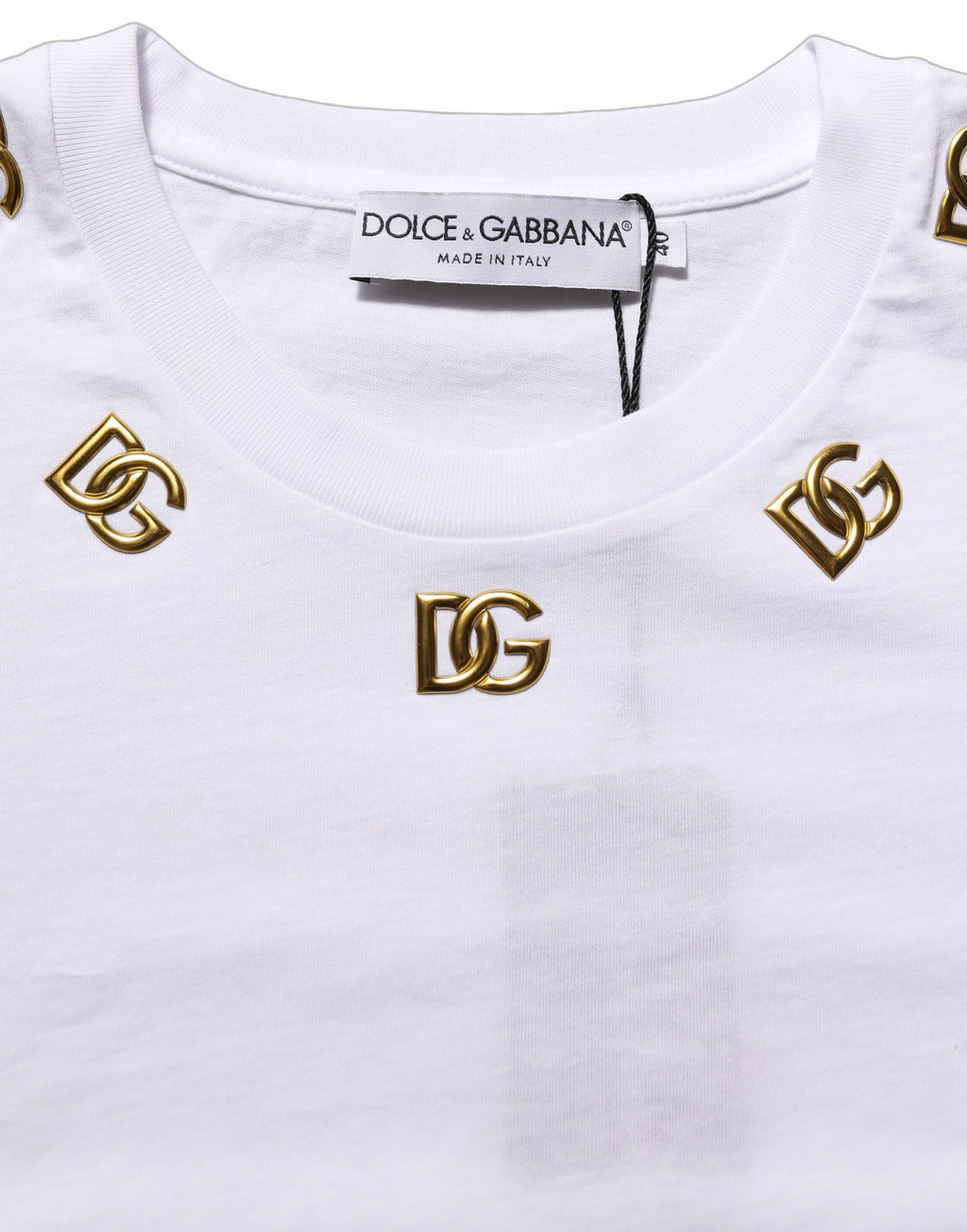 White cotton Dolce & Gabbana crew neck T-shirt with gold DG logo and subtle branding on the front.