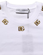 White cotton Dolce & Gabbana crew neck T-shirt with gold DG logo and subtle branding on the front.