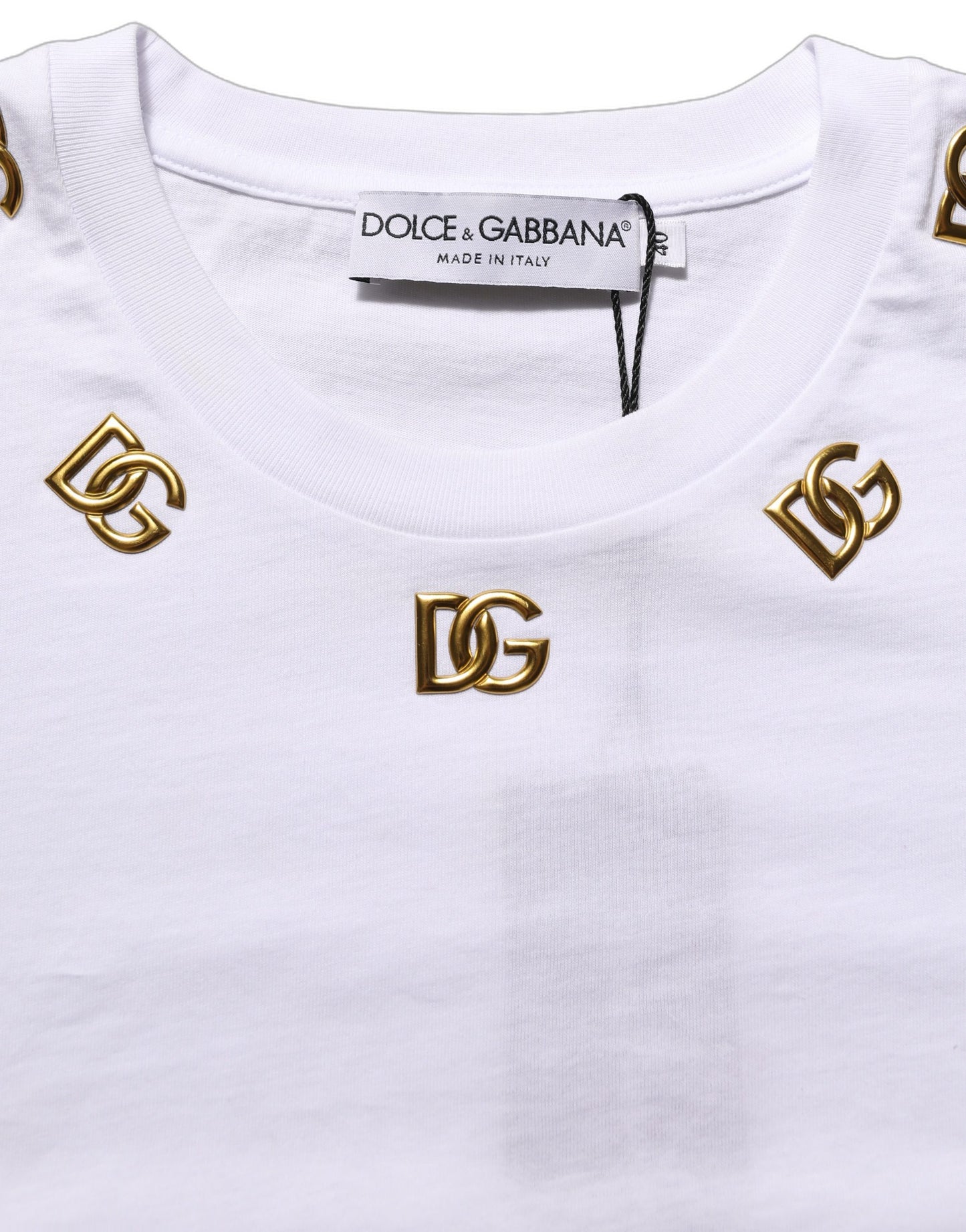 Dolce & Gabbana White Cotton Gold DG Logo Crew Neck T-shirt Dolce & Gabbana