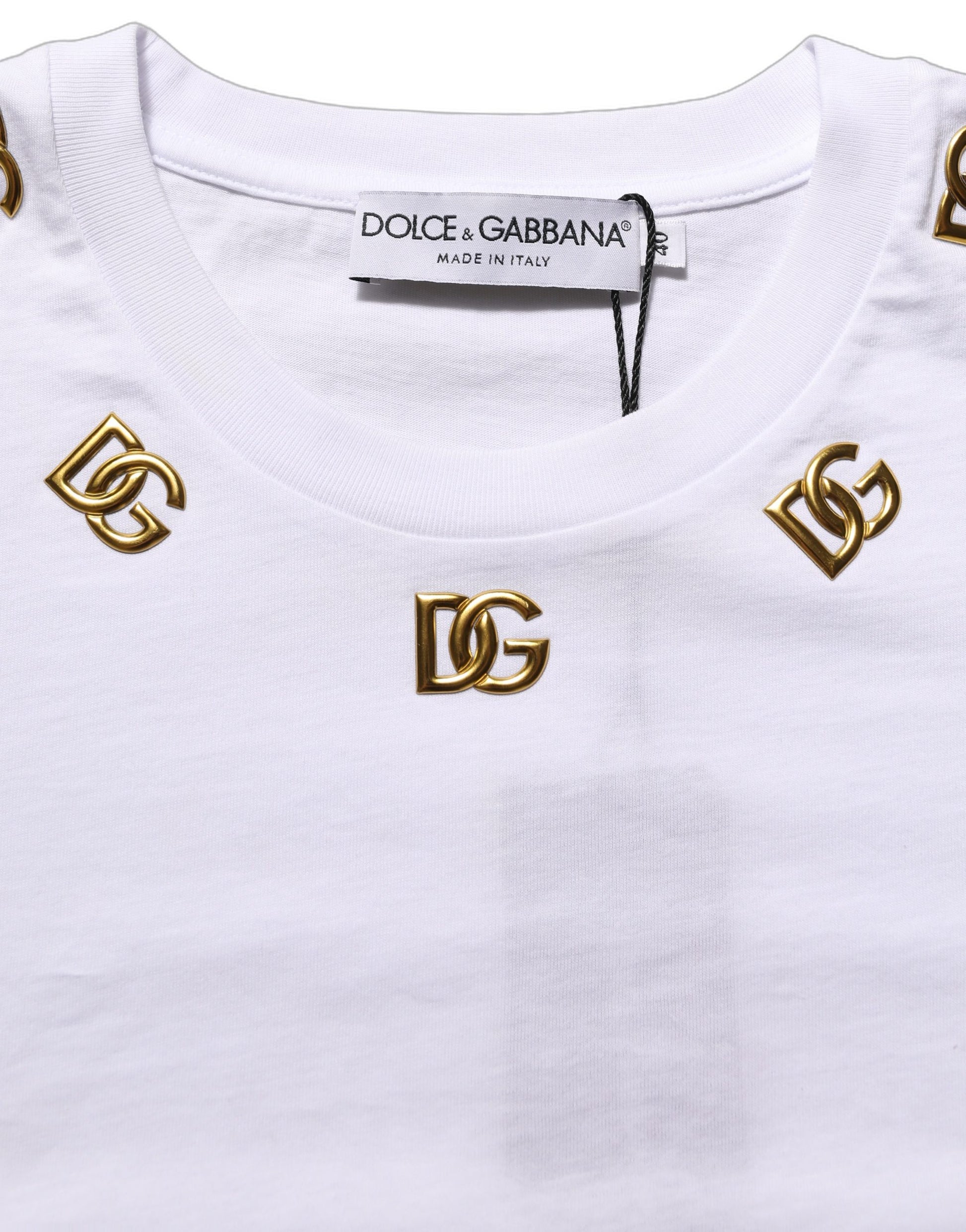 Dolce & Gabbana White Cotton Gold DG Logo Crew Neck T-shirt Dolce & Gabbana