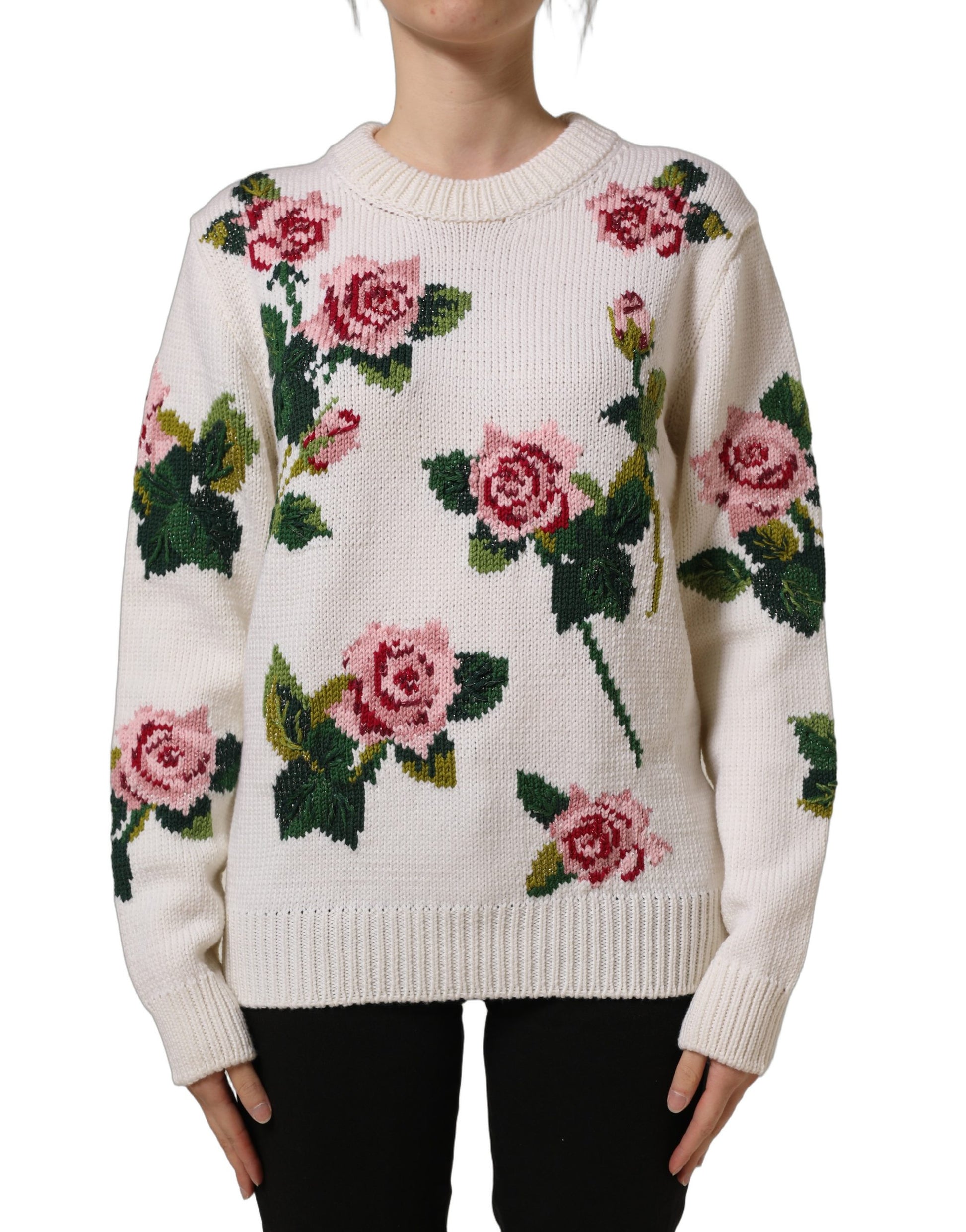 Dolce & Gabbana White Wool Floral Crew Neck Pullover Sweater Dolce & Gabbana