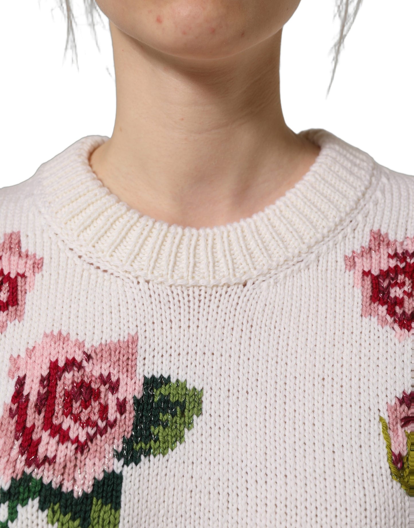 Dolce & Gabbana White Wool Floral Crew Neck Pullover Sweater Dolce & Gabbana