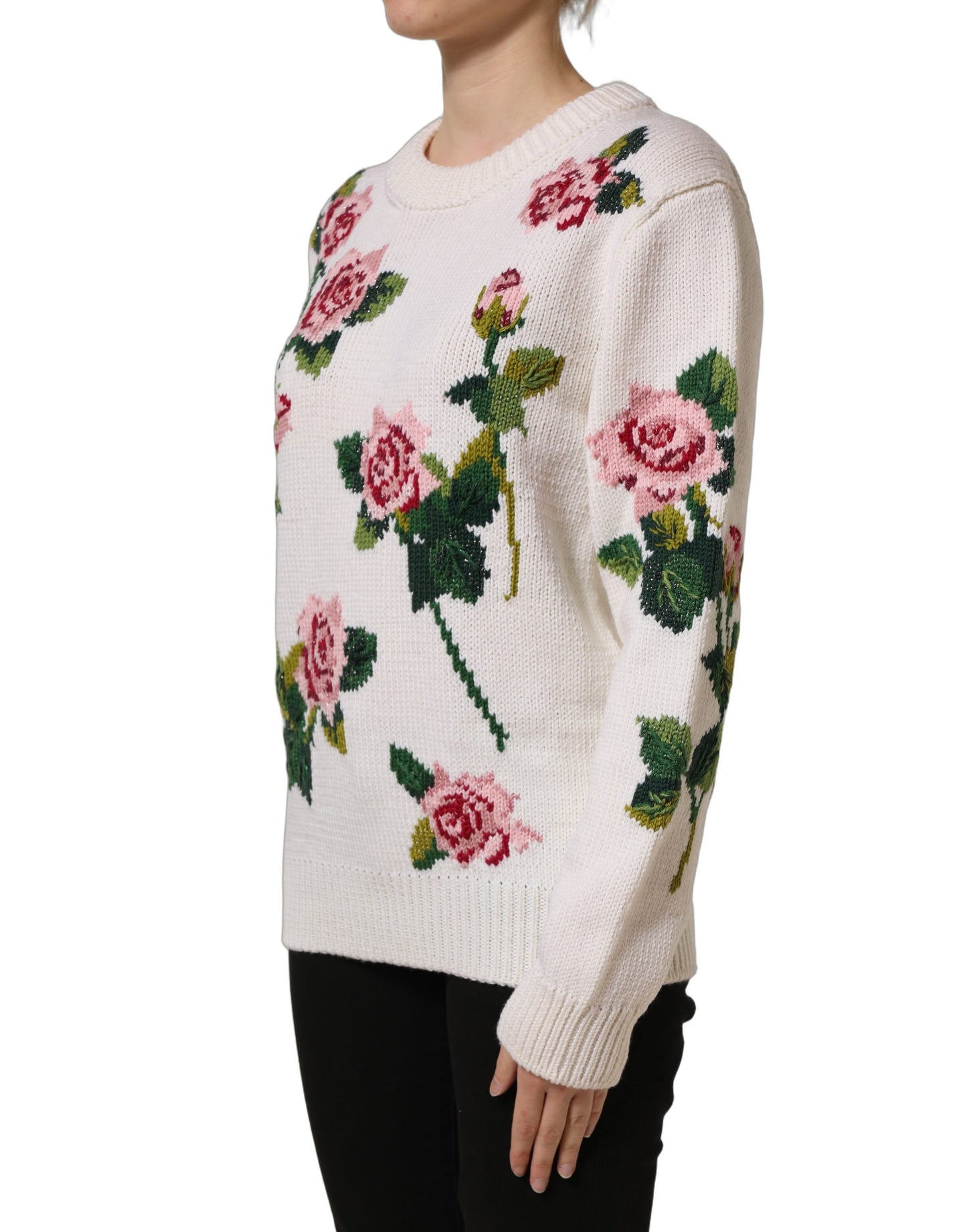Dolce & Gabbana White Wool Floral Crew Neck Pullover Sweater Dolce & Gabbana