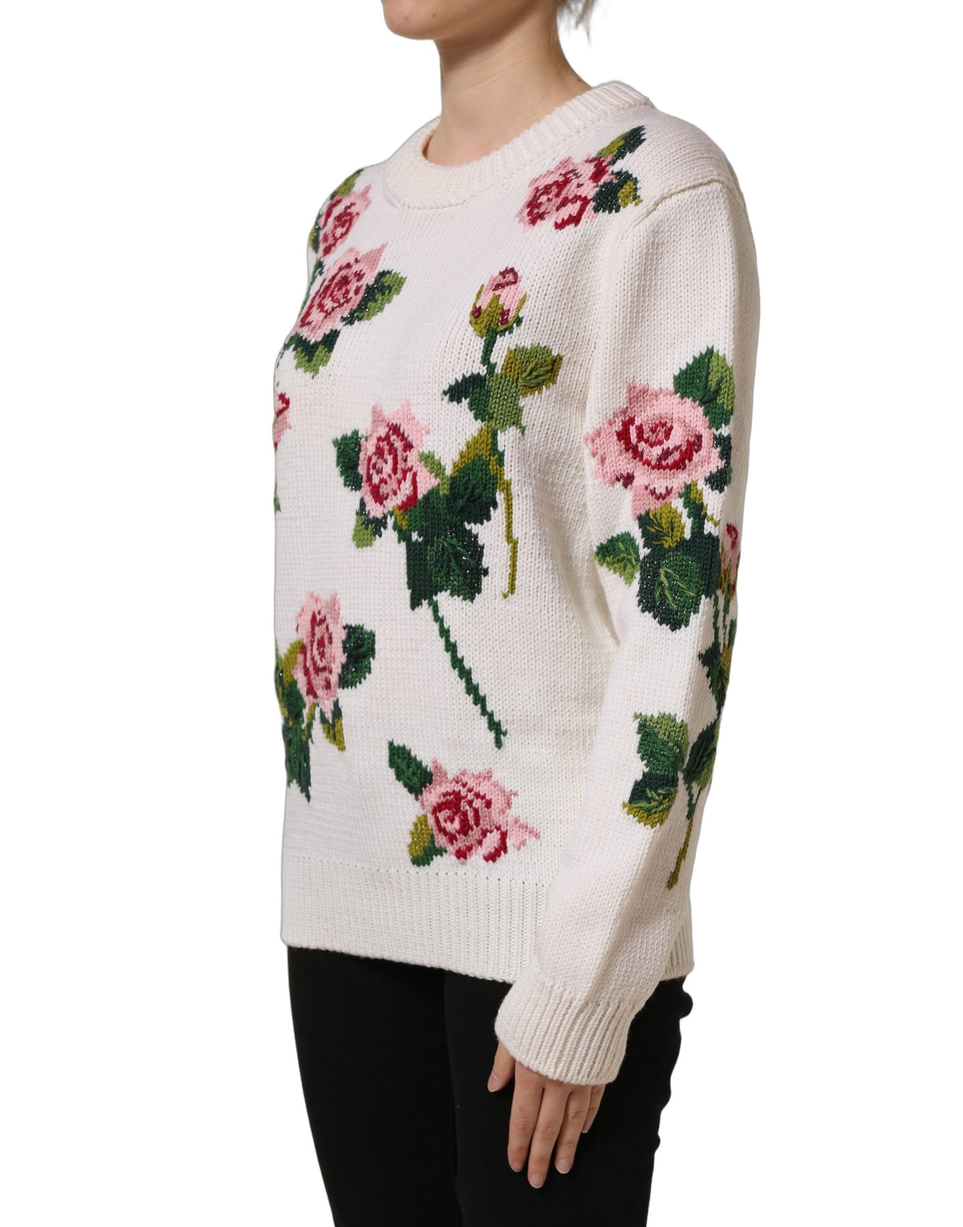 Dolce & Gabbana White Wool Floral Crew Neck Pullover Sweater Dolce & Gabbana