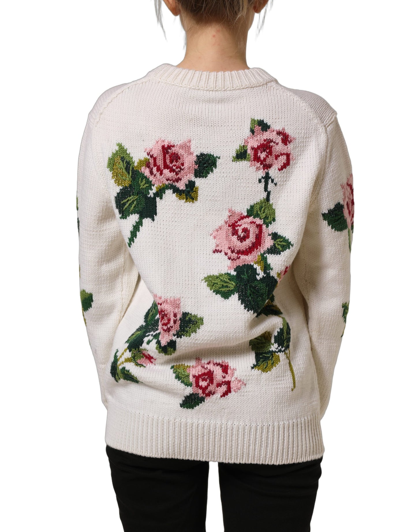 Dolce & Gabbana White Wool Floral Crew Neck Pullover Sweater Dolce & Gabbana