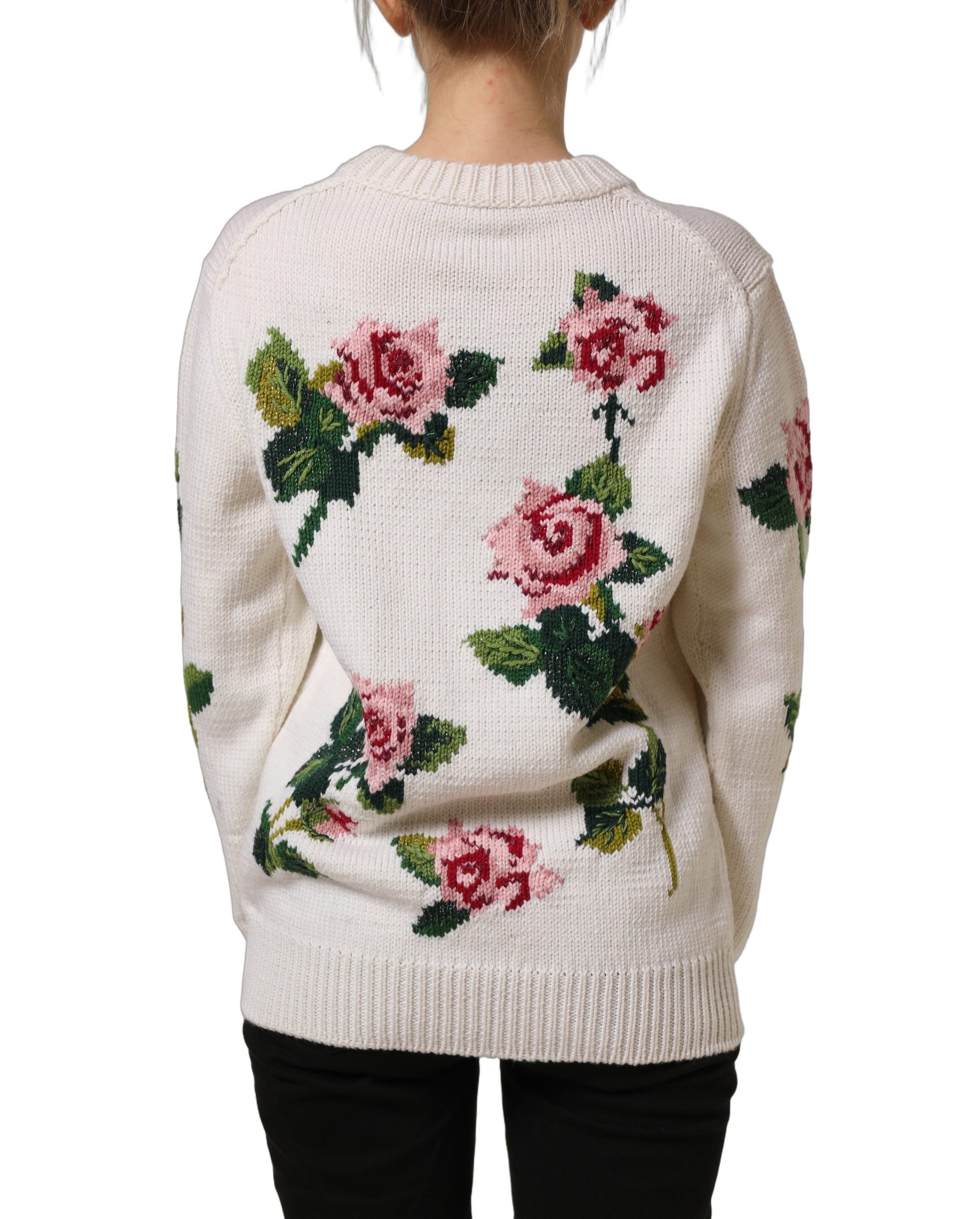 Dolce & Gabbana White Wool Floral Crew Neck Pullover Sweater Dolce & Gabbana