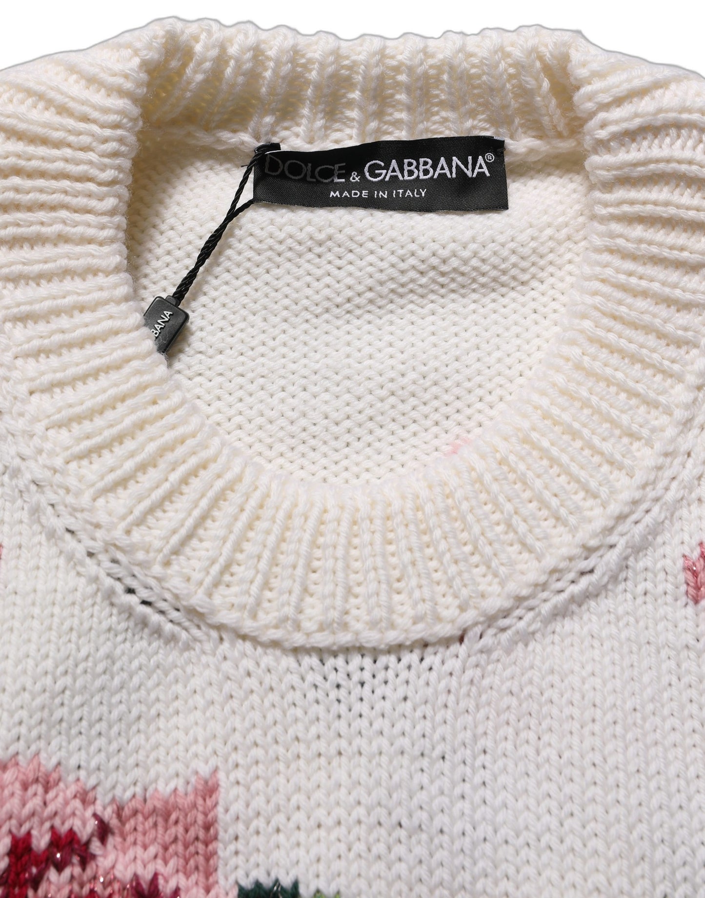 Dolce & Gabbana White Wool Floral Crew Neck Pullover Sweater Dolce & Gabbana
