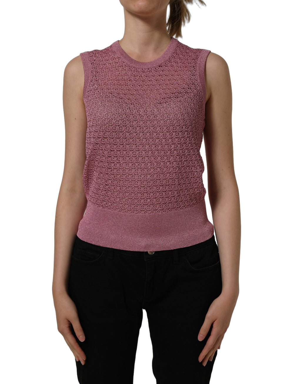Dolce & Gabbana pink sheer mesh sleeveless tank top with crew neck, lightweight and stylish for casual or layered looks.