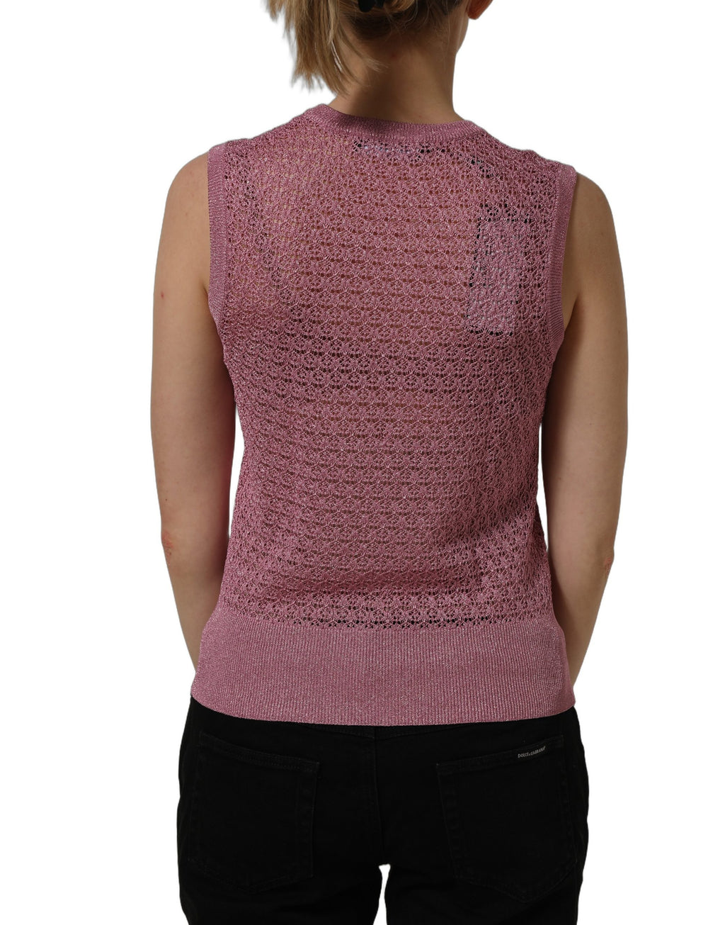 Pink sheer mesh crew neck sleeveless tank top by Dolce & Gabbana, showcasing lightweight, breathable fabric and stylish design.