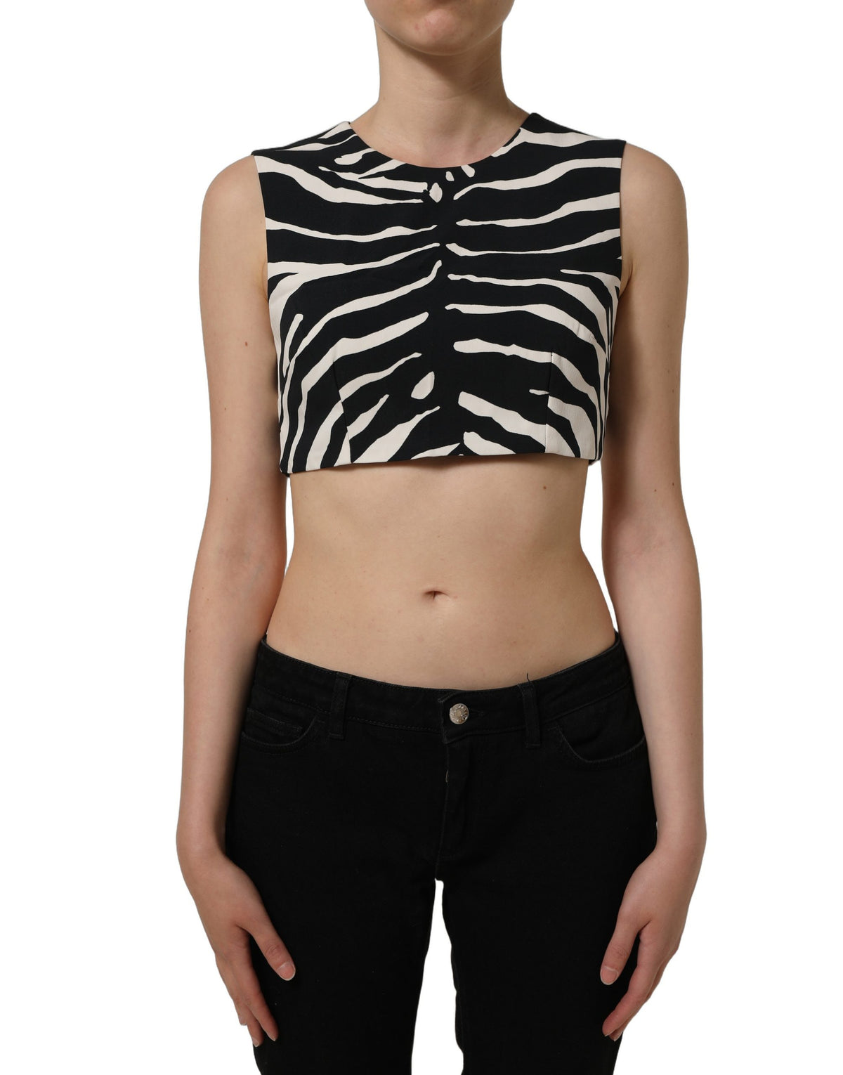 Dolce & Gabbana black and white zebra sleeveless cropped tank top with bold pattern and fitted style.