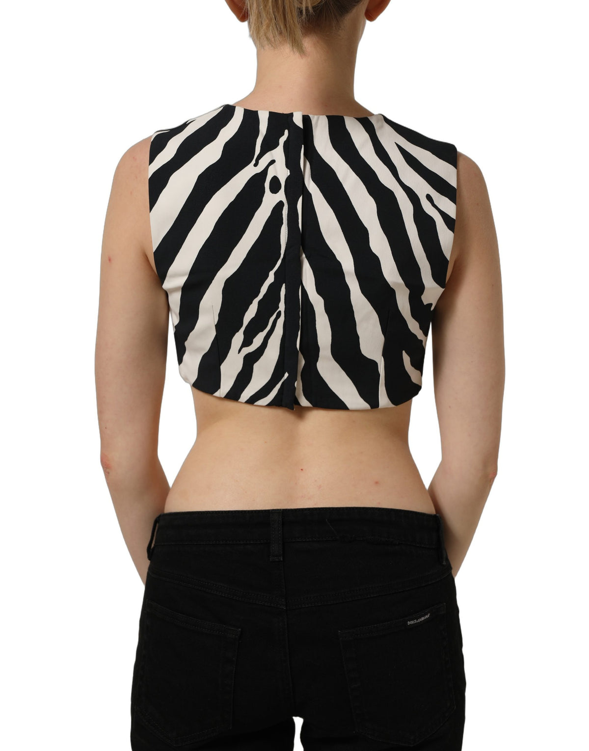 Dolce & Gabbana black and white zebra sleeveless cropped tank top with bold animal print design.