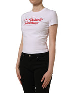 Dolce & Gabbana white crew neck T-shirt with floral logo print, casual style, soft fabric, and short sleeves.