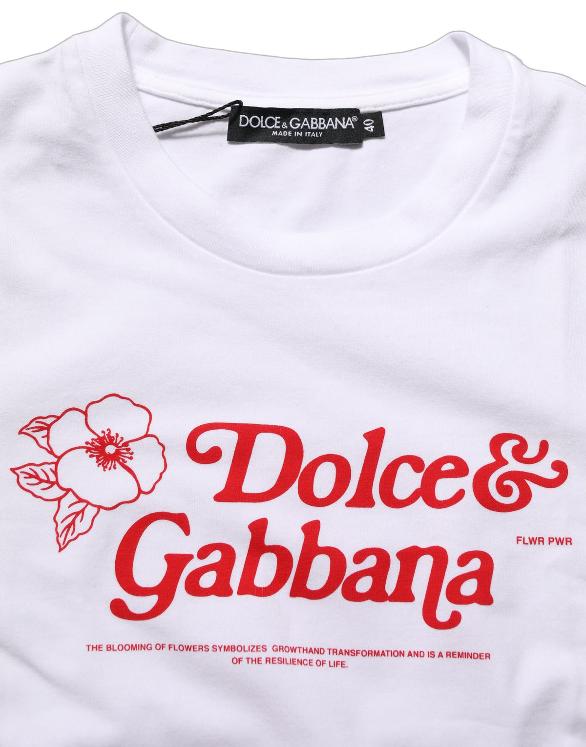 Dolce & Gabbana white crew neck T-shirt with floral logo print and branding, casual style, front view.