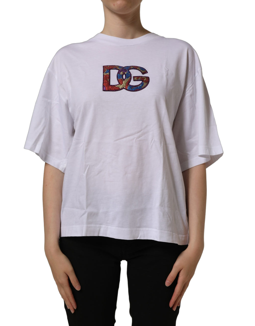 White cotton crew neck T-shirt with Dolce & Gabbana logo patch on chest, showcasing a stylish and casual men's fashion look.