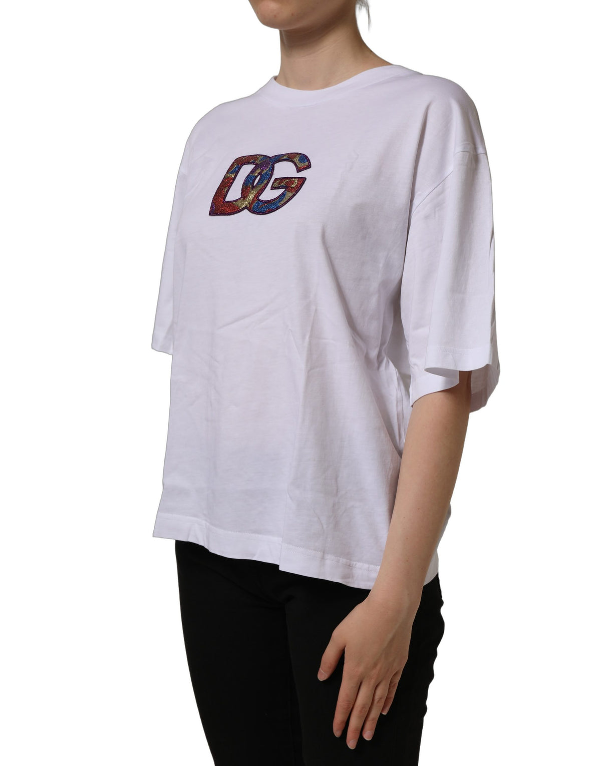 Dolce & Gabbana white cotton crew neck T-shirt with logo patch detail, casual men's fashion top.