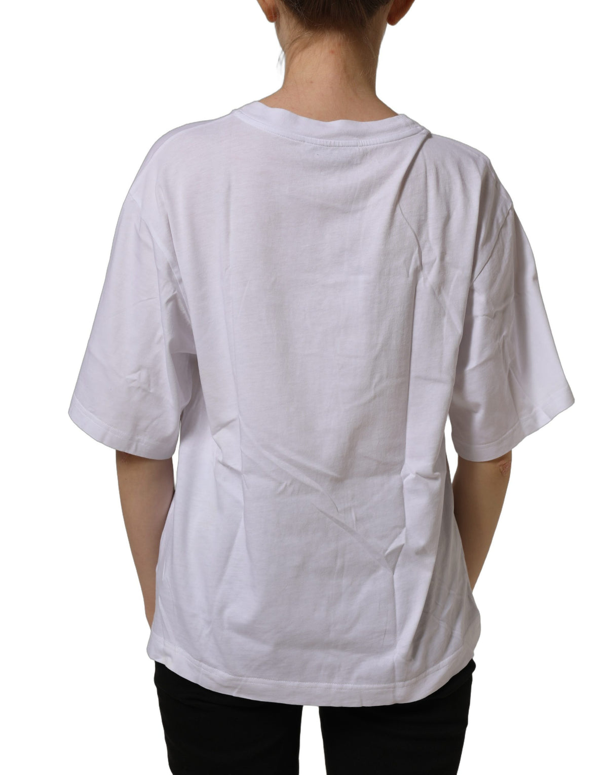 Dolce & Gabbana white cotton crew neck T-shirt with logo patch and graphic design, casual men's apparel.