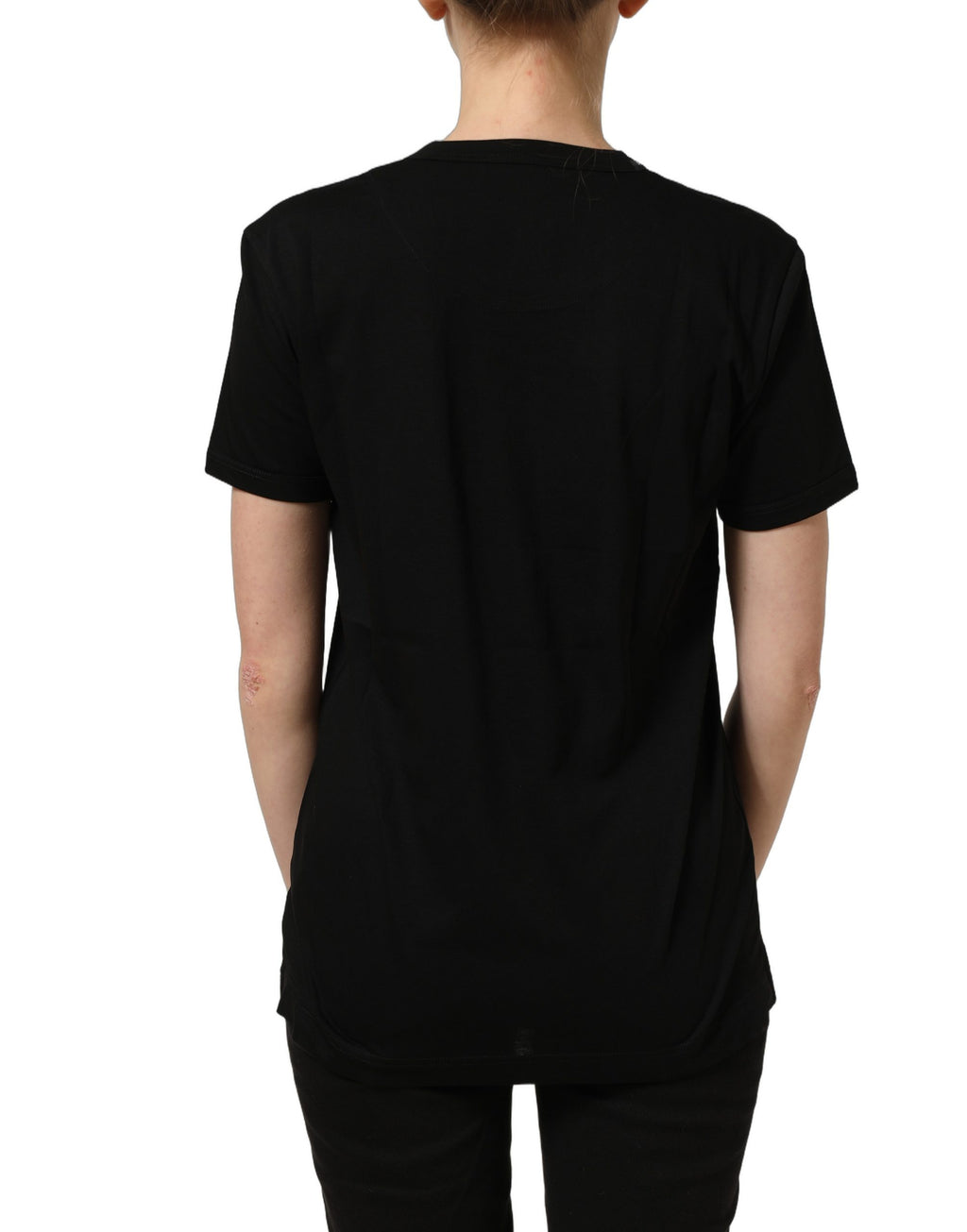 Black cotton Dolce & Gabbana crew neck short sleeve T-shirt displayed on a hanger with visible D&G logo.