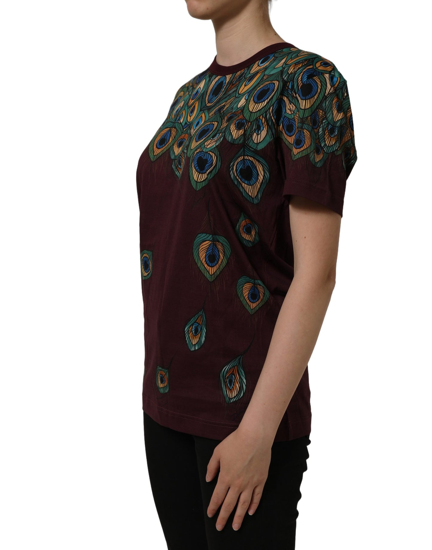 Dolce & Gabbana Burgundy Peacock Feather Round Neck T-shirt Dolce & Gabbana
