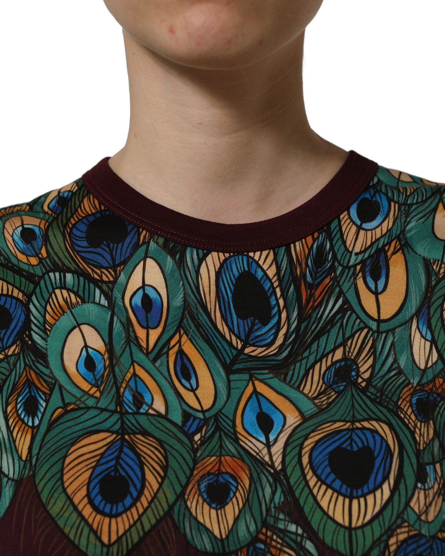 Dolce & Gabbana Burgundy Peacock Feather Round Neck T-shirt Dolce & Gabbana