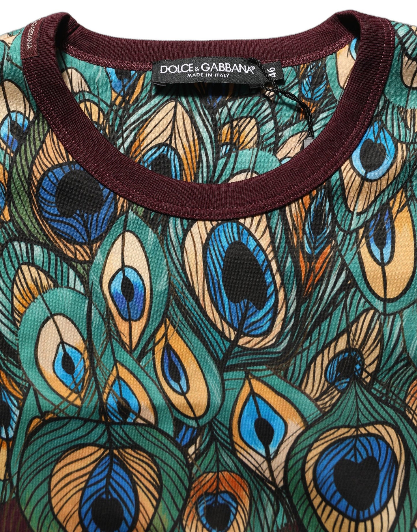Dolce & Gabbana Burgundy Peacock Feather Round Neck T-shirt Dolce & Gabbana