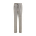 Brunello Cucinelli gray linen casual pants with a relaxed fit and classic design, displayed on a mannequin.