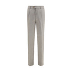 Brunello Cucinelli gray linen casual pants with a relaxed fit and classic design, displayed on a mannequin.