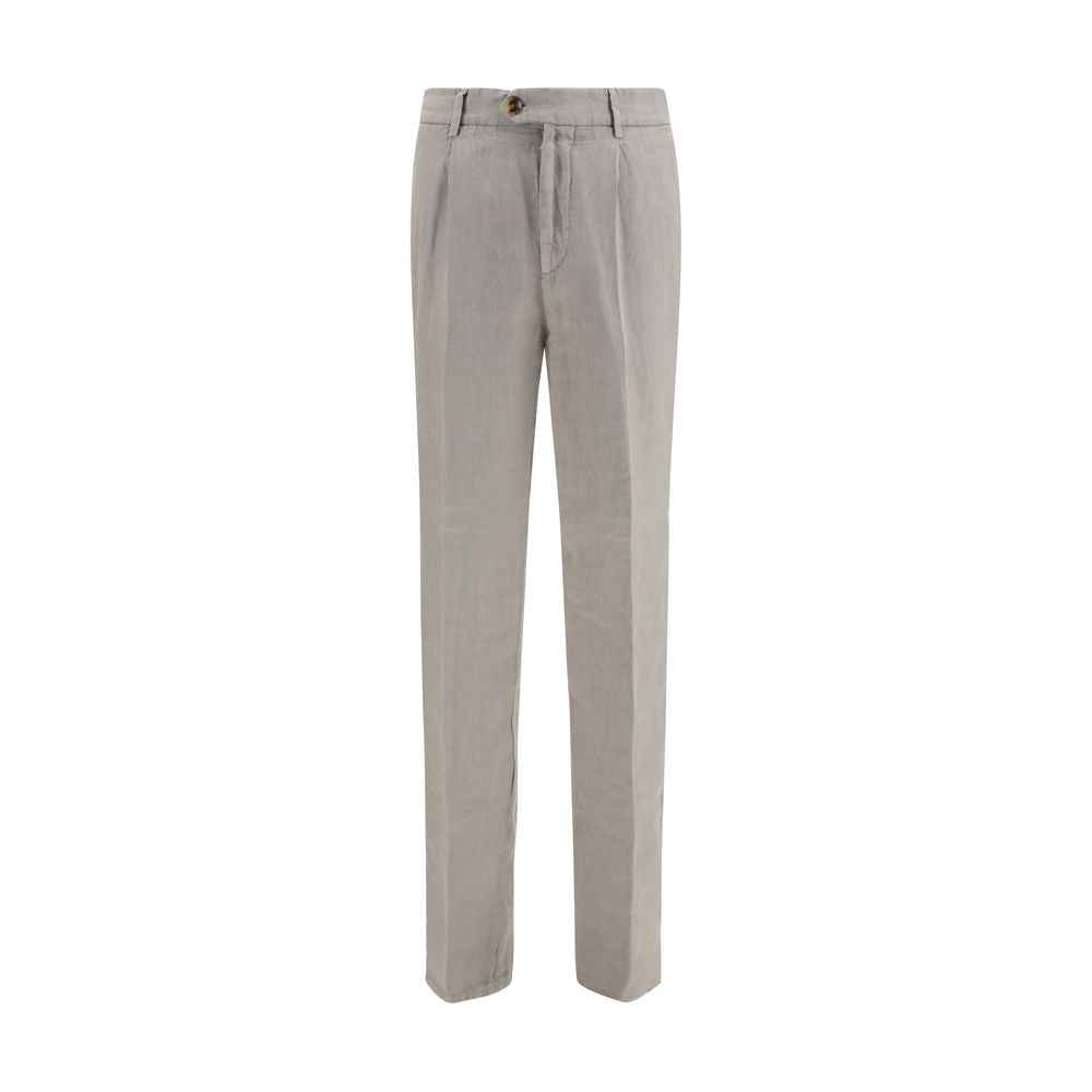 Brunello Cucinelli gray linen casual pants with a relaxed fit and classic design, displayed on a mannequin.