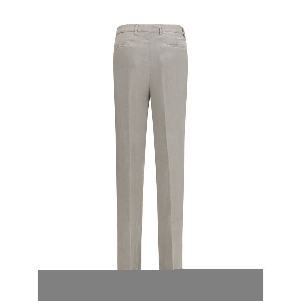 Gray linen casual pants by Brunello Cucinelli, featuring a relaxed fit and subtle stitching details.