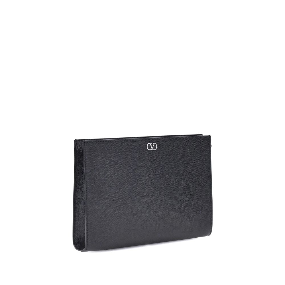 Valentino Garavani black calf leather Bos Taurus wallet with stitched detailing and compact design.
