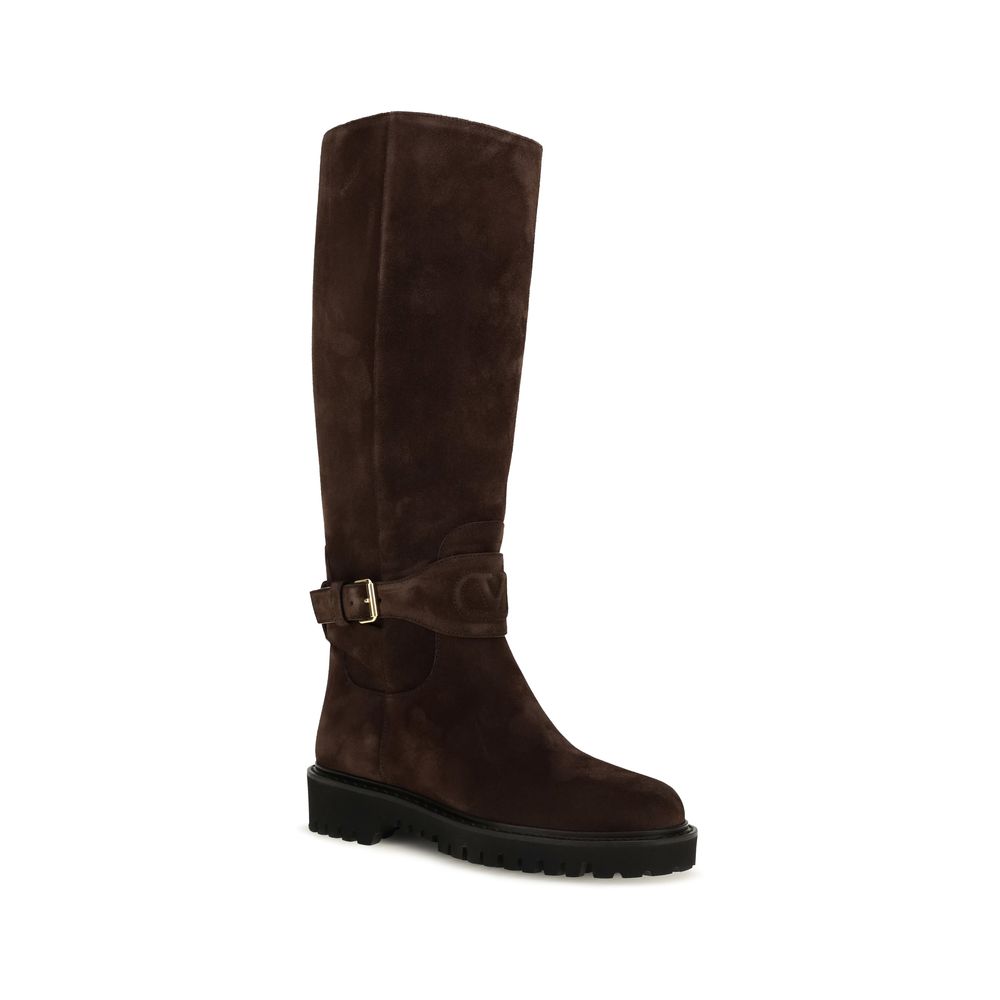 Valentino Garavani Brown Calf Leather Bos Taurus Flat Boots Valentino Garavani