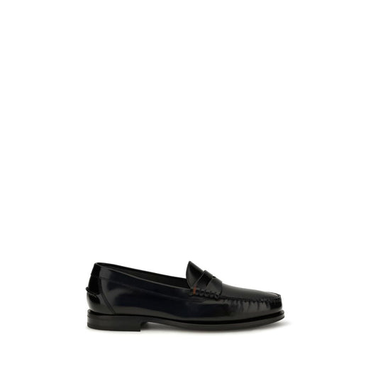 Santoni Black Calf Leather Bos Taurus Slip-On Loafers Santoni