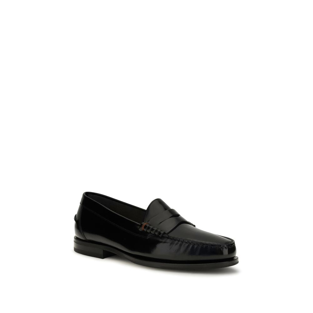 Santoni Black Calf Leather Bos Taurus Slip-On Loafers Santoni