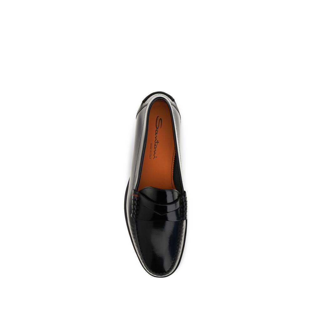 Santoni Black Calf Leather Bos Taurus Slip-On Loafers Santoni