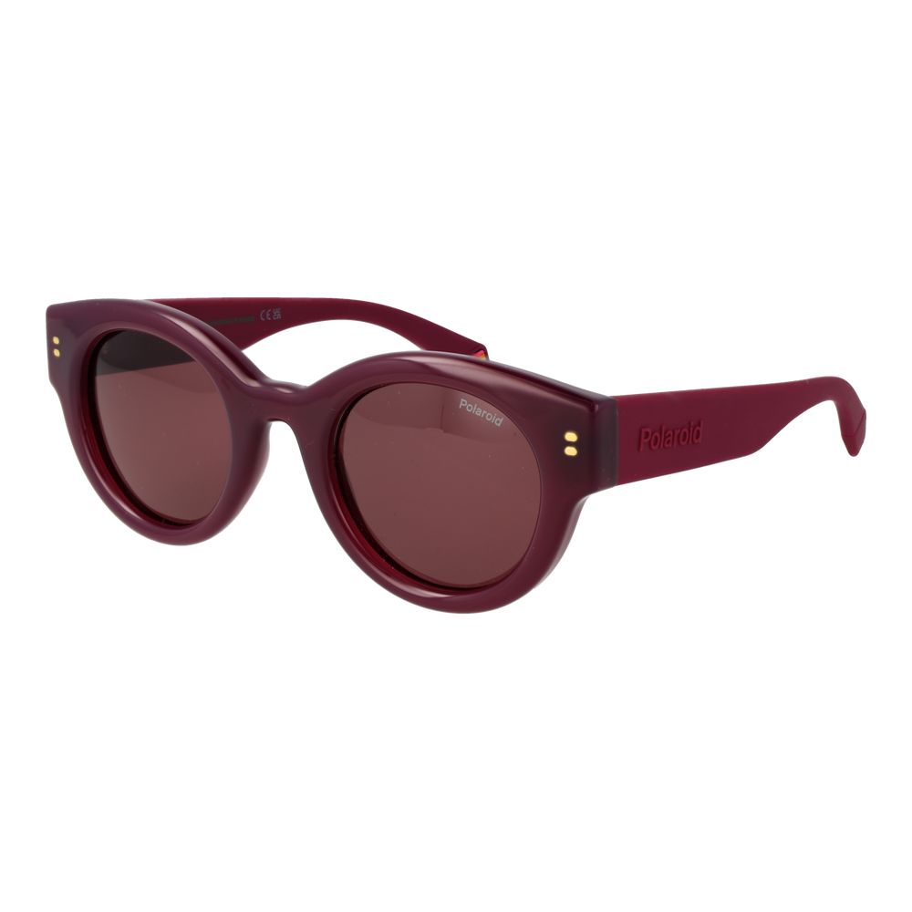 Polaroid purple plastic sunglasses with round frames and UV protection, stylish eyewear for sunny days.
