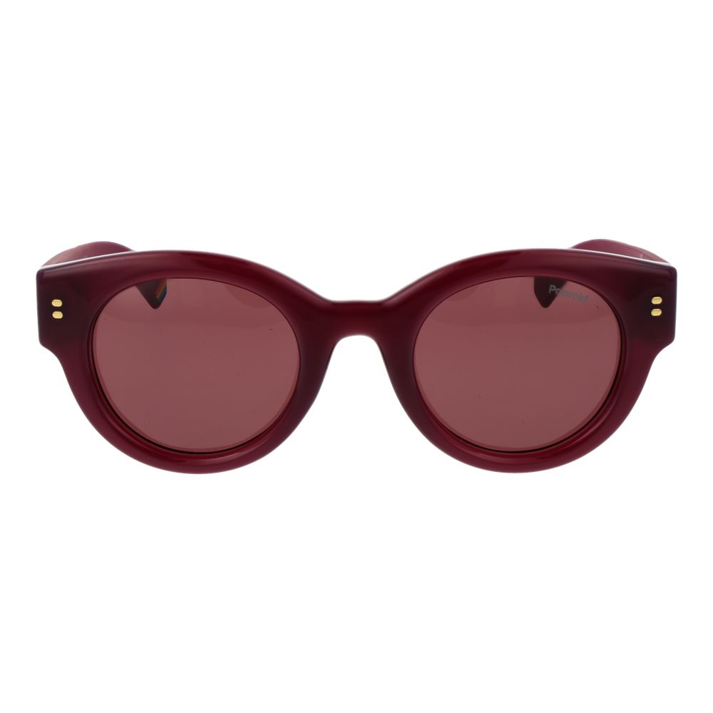 Polaroid purple plastic sunglasses with thick frames and tinted lenses, stylish eyewear for sun protection.